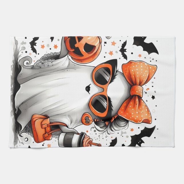 Cute Funny Halloween Ghost Kitchen Towel (Horizontal)