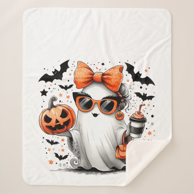 Cute Funny Halloween Ghost Sherpa Blanket (Front)