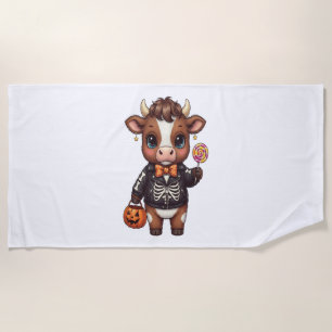 Cute Funny Halloween Highland Cow Beach Towel