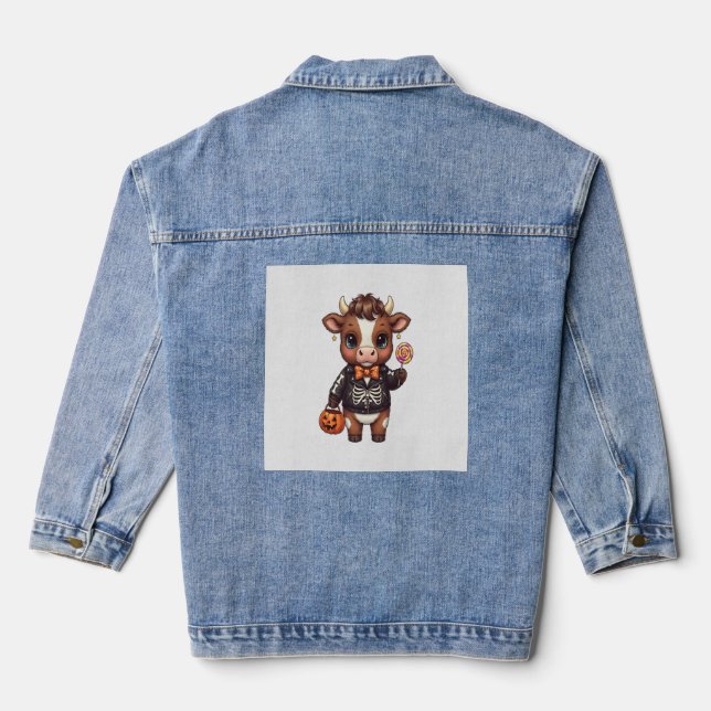 Cute Funny Halloween Highland Cow Denim Jacket (Back)
