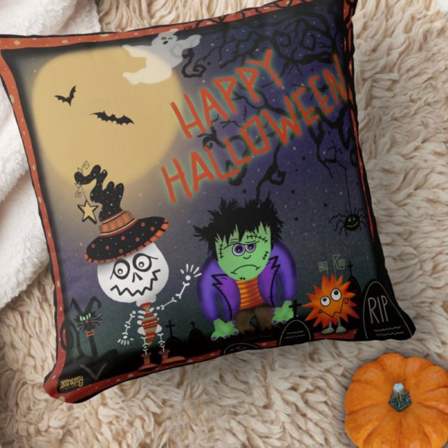 Cute Funny Halloween Skeleton Monster Kids Throw Pillow (Creator Uploaded)