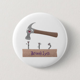 Cute, funny hammer and nails cartoon illustration  2 inch round button