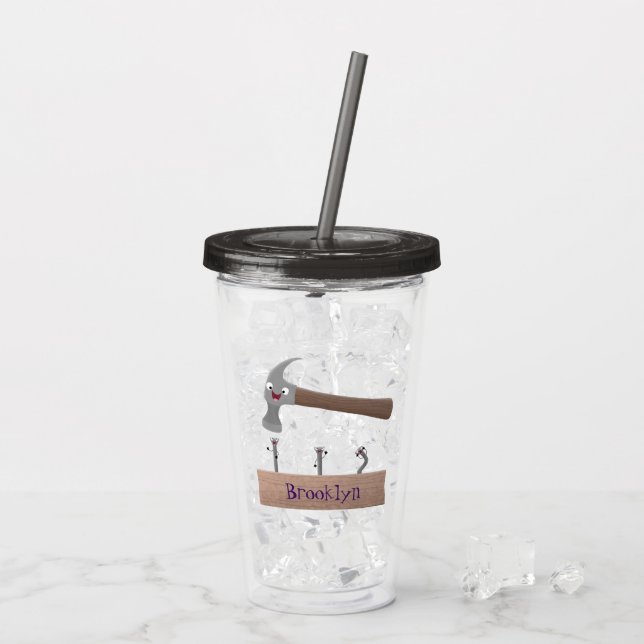 Cute, funny hammer and nails cartoon illustration acrylic tumbler (Back Ice)