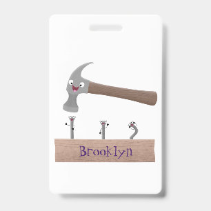 Cute, funny hammer and nails cartoon illustration  badge