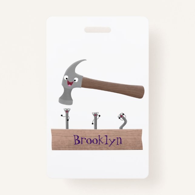 Cute, funny hammer and nails cartoon illustration  badge (Front)