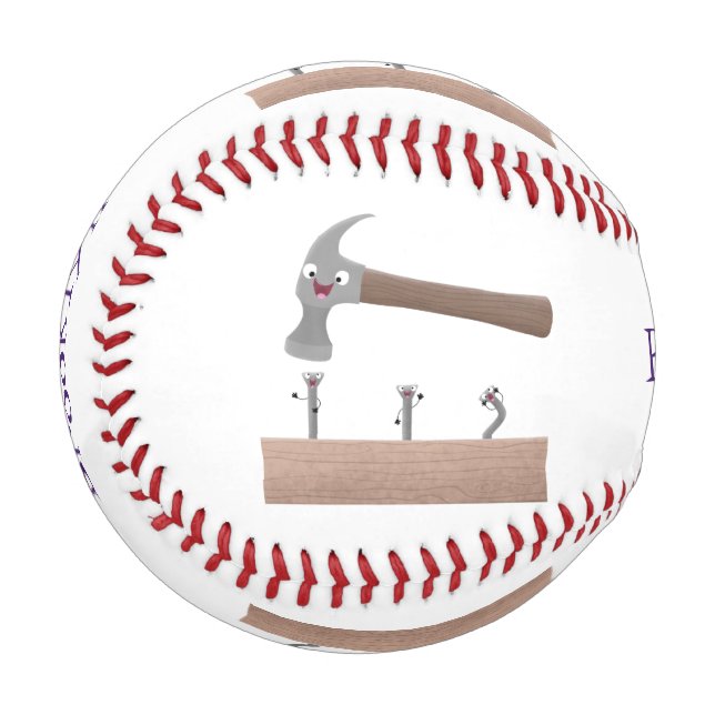 Cute, funny hammer and nails cartoon illustration baseball (Front Left)