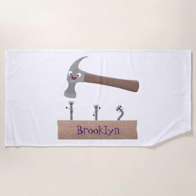 Cute, funny hammer and nails cartoon illustration  beach towel (Front)