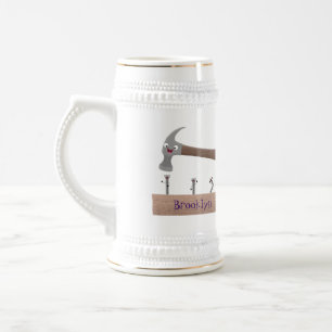 Cute, funny hammer and nails cartoon illustration beer stein