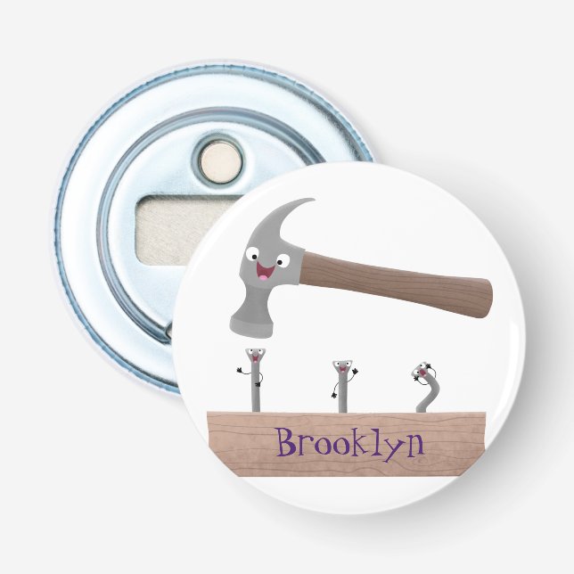 Cute, funny hammer and nails cartoon illustration bottle opener (Front)