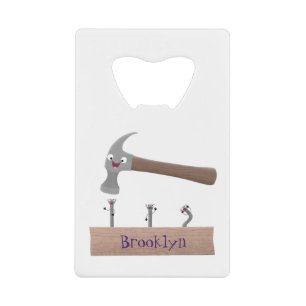 Cute, funny hammer and nails cartoon illustration credit card bottle opener