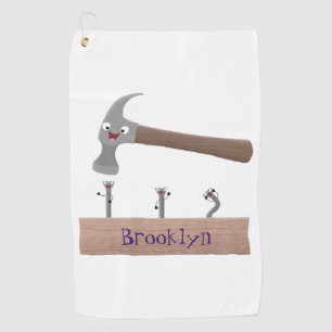 Cute, funny hammer and nails cartoon illustration  golf towel