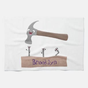 Cute, funny hammer and nails cartoon illustration kitchen towel