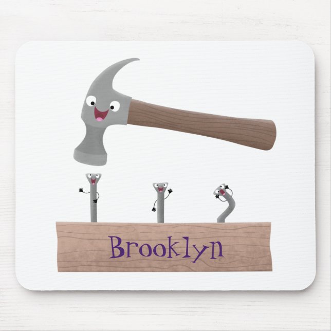 Cute, funny hammer and nails cartoon illustration mouse pad (Front)