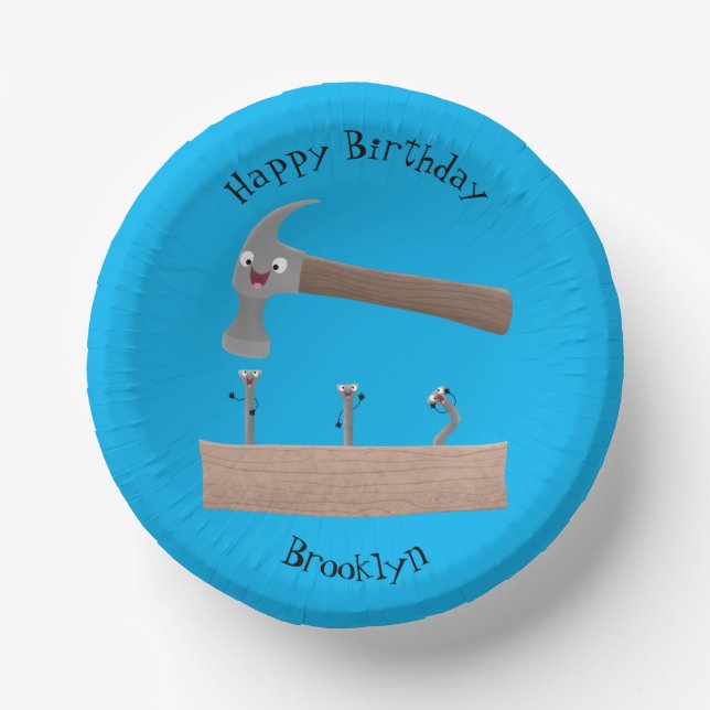 Cute, funny hammer and nails cartoon illustration paper plate (Front)