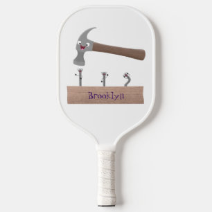 Cute, funny hammer and nails cartoon illustration pickleball paddle