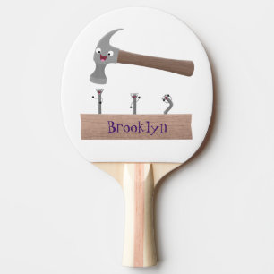 Cute, funny hammer and nails cartoon illustration ping pong paddle
