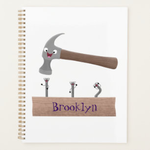 Cute, funny hammer and nails cartoon illustration planner