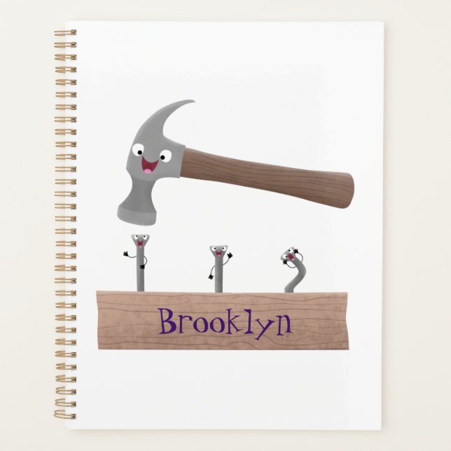 Cute, funny hammer and nails cartoon illustration planner (Front)