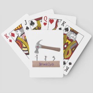 Cute, funny hammer and nails cartoon illustration playing cards