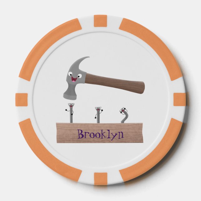 Cute, funny hammer and nails cartoon illustration  poker chips (Front)