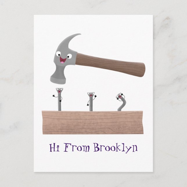 Cute, funny hammer and nails cartoon illustration  postcard (Front)