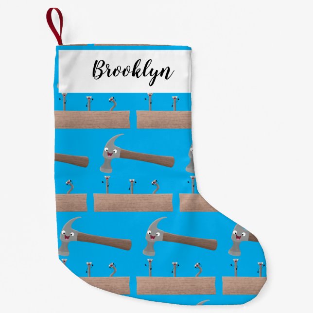 Cute, funny hammer and nails cartoon illustration small christmas stocking (Front)