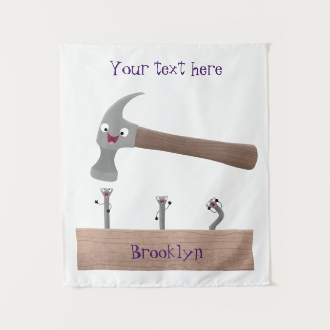 Cute, funny hammer and nails cartoon illustration tapestry (Front)