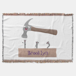 Cute, funny hammer and nails cartoon illustration throw blanket