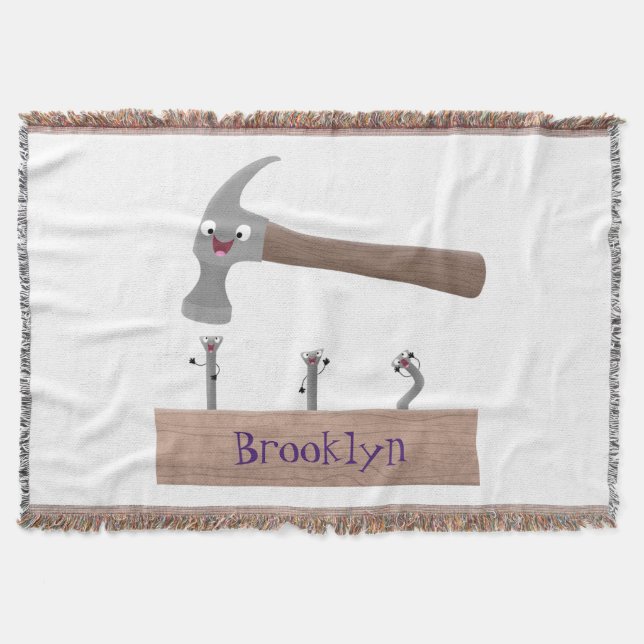 Cute, funny hammer and nails cartoon illustration throw blanket (Front)