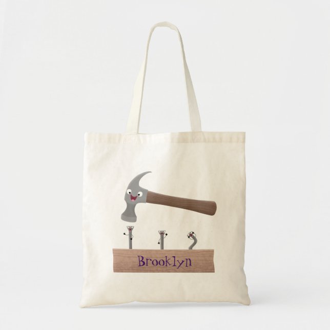 Cute, funny hammer and nails cartoon illustration tote bag (Front)