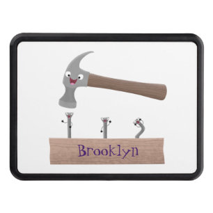 Cute, funny hammer and nails cartoon illustration trailer hitch cover