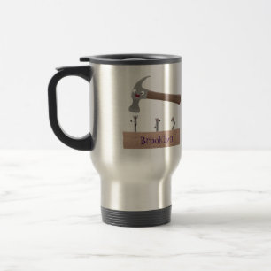 Cute, funny hammer and nails cartoon illustration  travel mug