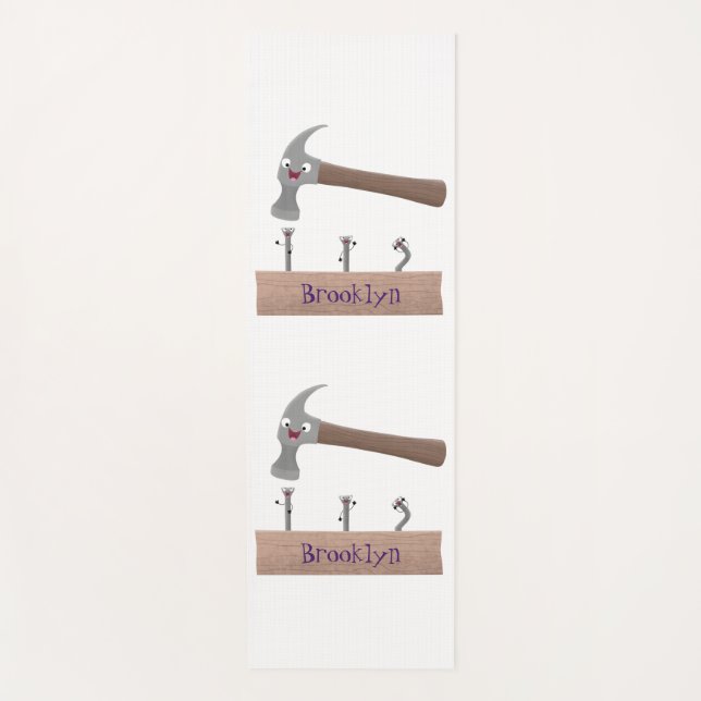 Cute, funny hammer and nails cartoon illustration yoga mat (Front)