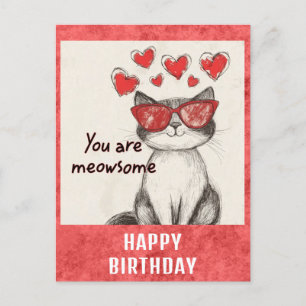 Cute Funny Happy Birthday Cat Hearts Postcard