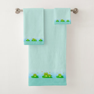 Cute Funny Happy Frogs on Light Blue Bath Towel Se