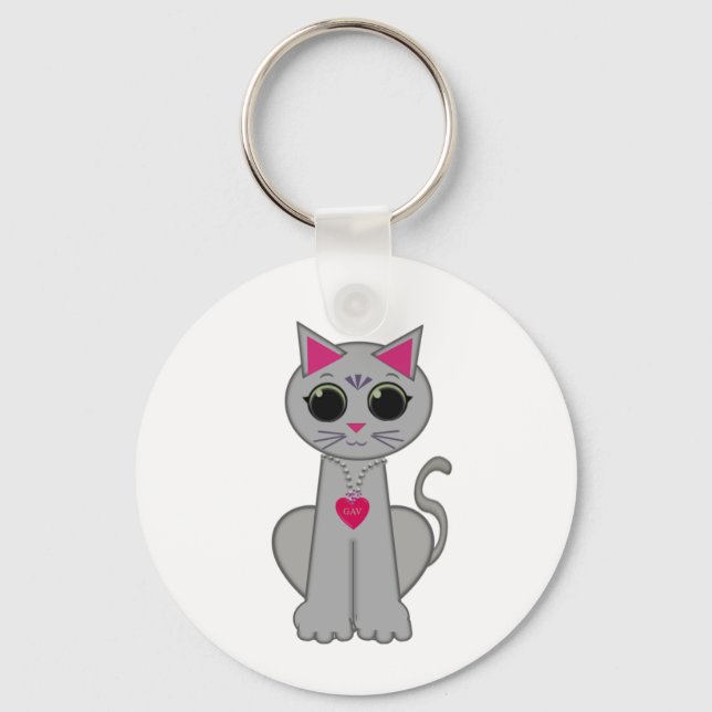 Cute Funny Happy Grey Cat Keychain (Front)