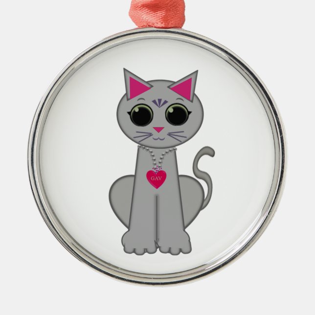 Cute Funny Happy Grey Cat Metal Ornament (Front)