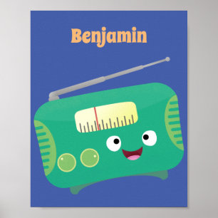 Cute funny happy retro radio cartoon poster