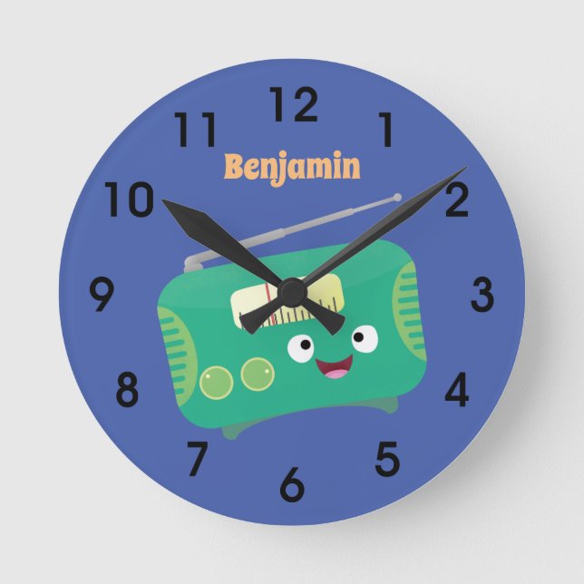 Cute funny happy retro radio cartoon round clock (Front)