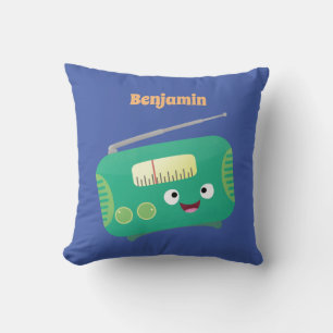 Cute funny happy retro radio cartoon throw pillow