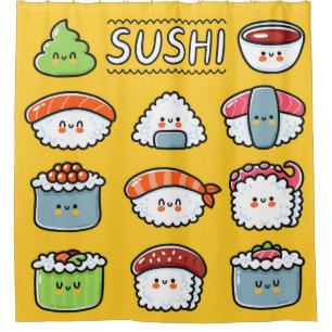 Cute funny happy sushi maki rolls cartoon seamless