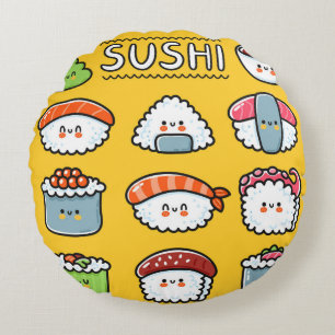 Cute funny happy sushi maki rolls cartoon seamless round pillow