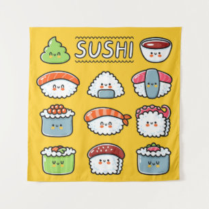 Cute funny happy sushi maki rolls cartoon seamless tapestry