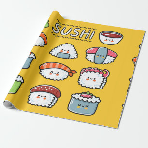 Cute funny happy sushi maki rolls cartoon seamless wrapping paper