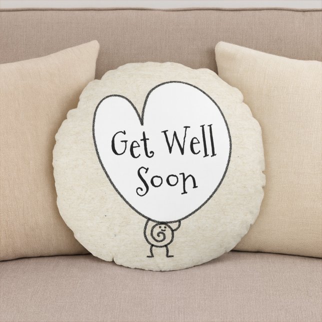 Cute Funny Heart Uplifting Character Get Well Soon Round Pillow (Creator Uploaded)
