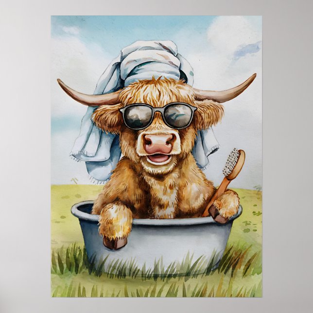 Cute Funny Highland Cow Bathroom Wall Art (Front)