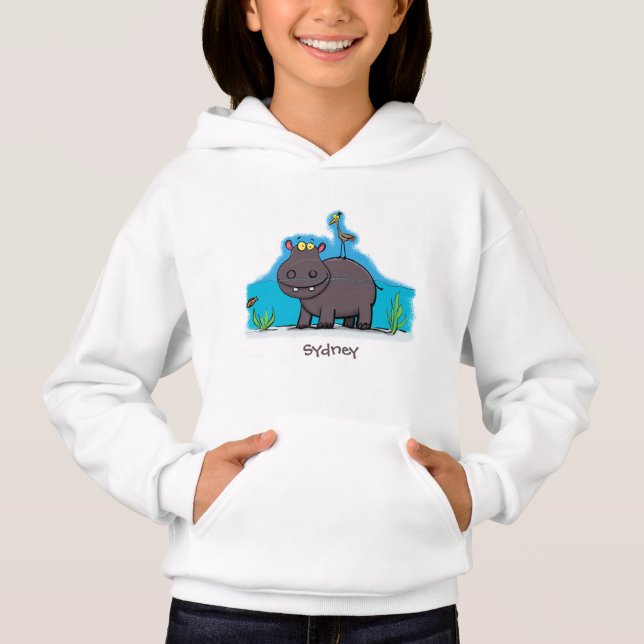 Cute funny hippopotamus with bird cartoon (Front)