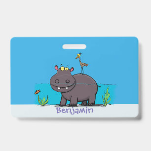 Cute funny hippopotamus with bird cartoon badge