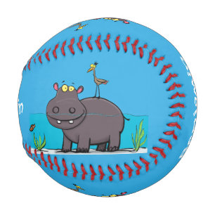 Cute funny hippopotamus with bird cartoon baseball