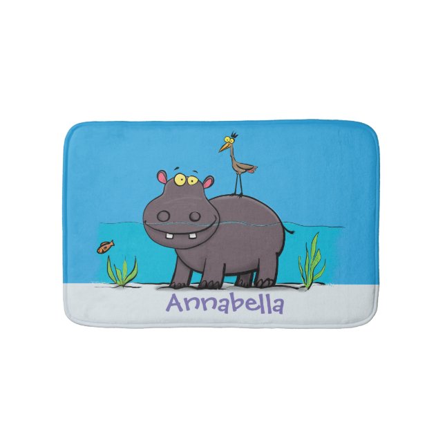 Cute funny hippopotamus with bird cartoon bath mat (Front)